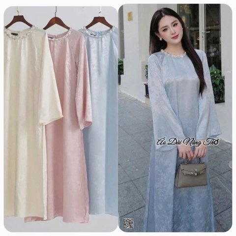 Áo Dài Cách Tân Vải Gấm Lụa Cổ Tròn Kết Hạt Xinh