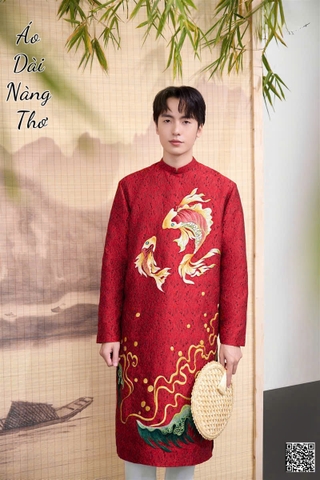 Áo Dài Nam Gấm Đỏ Họa Tiết Thêu Cá Chép Đẹp