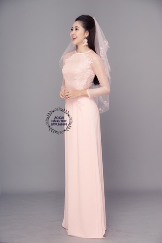 Áo Dài Cô Dâu Ren Lưới Màu Hồng Kết Hoa Nổi 3D Viền Thân Áo