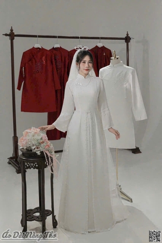 Áo Dài Cưới Trắng Lụa Tay Suông Loe