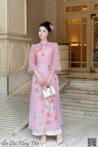 Áo Dài Cách Tân Voan Hồng Tím Tay Lỡ Xinh Xắn
