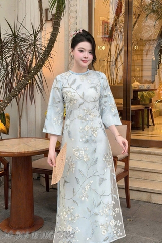 Áo Dài Cách Tân Lụa Xanh Cổ Tròn Tay Loe