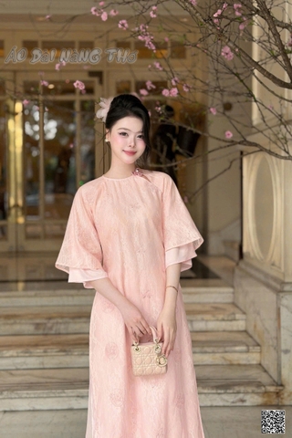 Áo Dài Cách Tân Lụa Hồng Phối Tay Loe 2 Tầng
