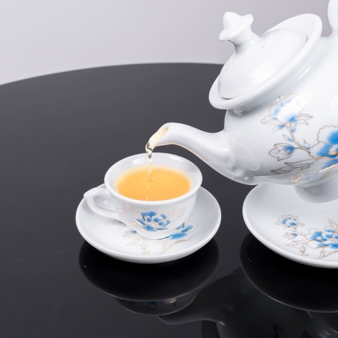 Bộ ấm trà phú quý Bát Tràng cao cấp in họa tiết hoa xanh, mã BT-012, dung tích 500ml - Quà tặng sang trọng thanh lịch
