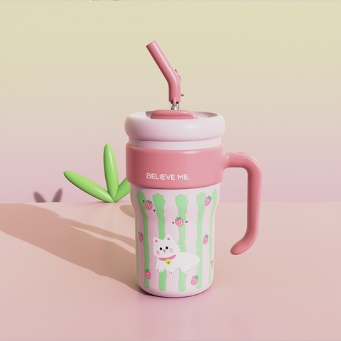 Ly giữ nhiệt cao cấp BELIEVE ME inox 316, dung tích 800ml, họa tiết dễ thương, có tay cầm, có ống hút
