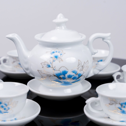 Bộ ấm trà phú quý Bát Tràng cao cấp in họa tiết hoa xanh, mã BT-012, dung tích 500ml - Quà tặng sang trọng thanh lịch