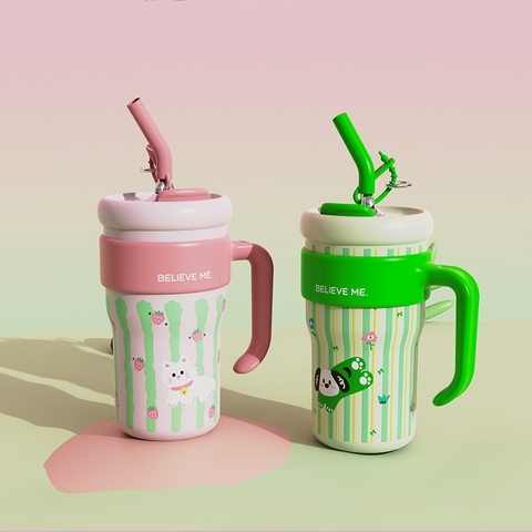 Ly giữ nhiệt cao cấp BELIEVE ME inox 316, dung tích 800ml, họa tiết dễ thương, có tay cầm, có ống hút