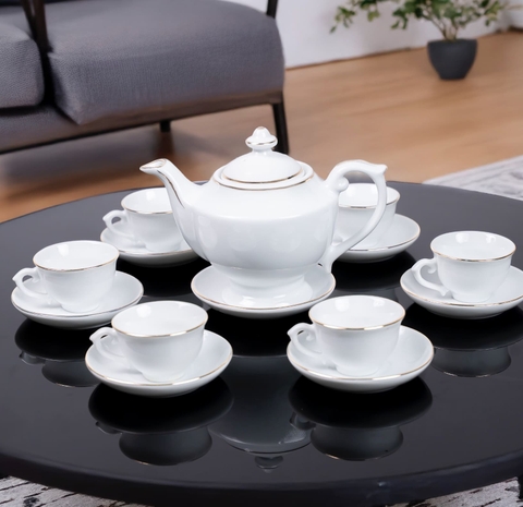 Bộ ấm trà Bát Tràng dáng Quốc Hội viền chỉ vàng sang trọng mã BT-014- Bộ quà tặng cao cấp thanh lịch