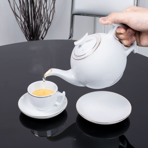 Bộ ấm trà Bát Tràng viền chỉ vàng, dáng bưởi cành, mã BT-010 dung tích 600ml - Bộ quà tặng thanh lịch tinh tế cho đối tác, bạn bè