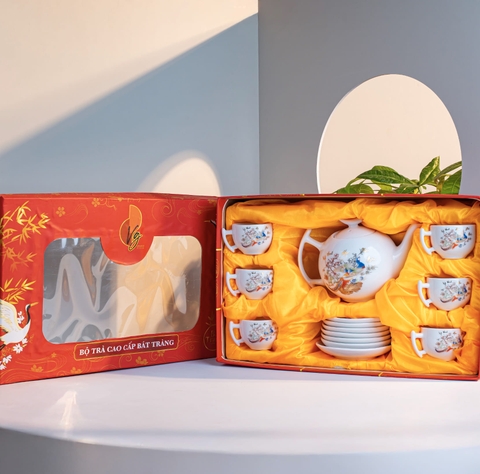 Bộ ấm trà Bát Tràng dáng bưởi cành in họa tiết Vinh Hoa Phú Quý, mã BT - 011, dung tích 600ml - Quà tặng cao cấp cho đối tác, bạn bè