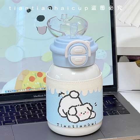 Bình Nước Giữ Nhiệt Inox 316 Có Nắp Bấm Họa Tiết Hoạt Hình Dễ Thương 420ml BL-001