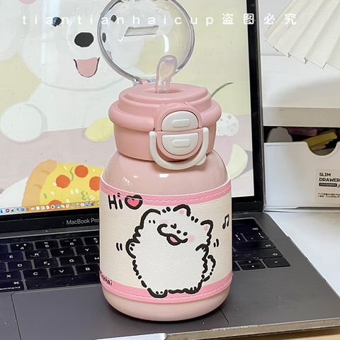 Bình Nước Giữ Nhiệt Inox 316 Có Nắp Bấm Họa Tiết Hoạt Hình Dễ Thương 420ml BL-001