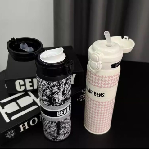 Bình giữ nhiệt BEAR BENS inox 316 có ống hút cách nhiệt, dung tích hơn hoạ tiết cá tính T1-111