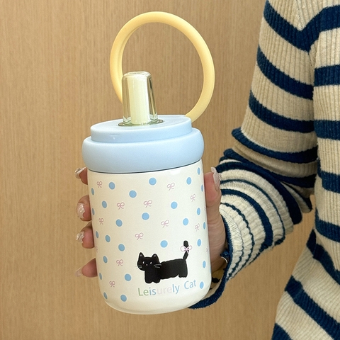 Bình Giữ Nhiệt Hoạt Hình Inox 316, Chống Rò Rỉ 550ml Di Động Họa Tiết Mèo Đen Có Ống Hút WAN-N2