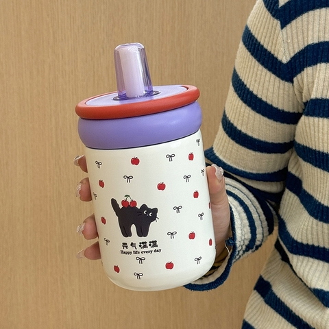 Bình Giữ Nhiệt Hoạt Hình Inox 316, Chống Rò Rỉ 550ml Di Động Họa Tiết Mèo Đen Có Ống Hút WAN-N2