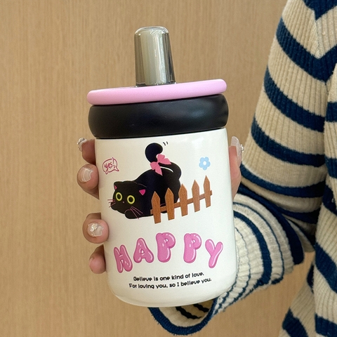 Bình Giữ Nhiệt Hoạt Hình Inox 316, Chống Rò Rỉ 550ml Di Động Họa Tiết Mèo Đen Có Ống Hút WAN-N2