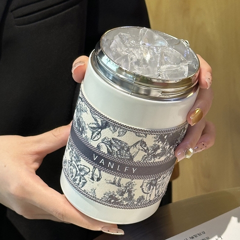 Bình giữ nhiệt, phích giữ nhiệt inox 316 có quai xách hoạ tiết sang chảnh 420ml  mẫu mới 2024 VANLFY-00