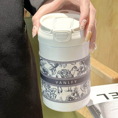 Bình giữ nhiệt, phích giữ nhiệt inox 316 có quai xách hoạ tiết sang chảnh 420ml  mẫu mới 2024 VANLFY-00