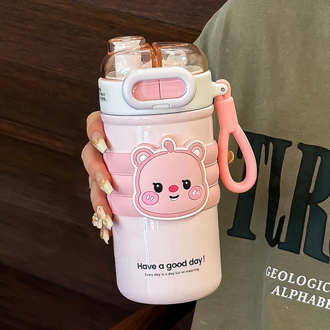 Bình giữ nhiệt đựng nước dung tích 500ml INOX 304 dễ thương có ống hút kèm sticker và dây AMU-432