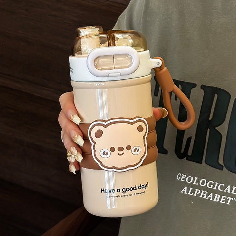 Bình giữ nhiệt đựng nước dung tích 500ml INOX 304 dễ thương có ống hút kèm sticker và dây AMU-432