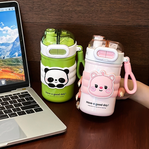Bình giữ nhiệt đựng nước dung tích 500ml INOX 304 dễ thương có ống hút kèm sticker và dây AMU-432