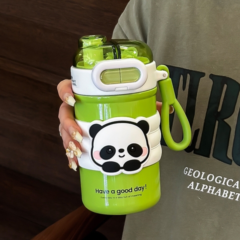 Bình giữ nhiệt đựng nước dung tích 500ml INOX 304 dễ thương có ống hút kèm sticker và dây AMU-432
