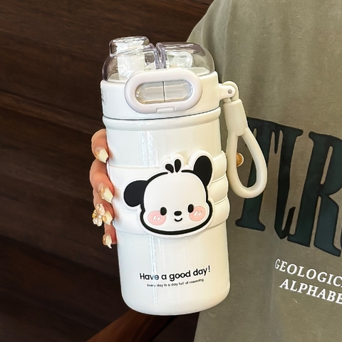 Bình giữ nhiệt đựng nước dung tích 500ml INOX 304 dễ thương có ống hút kèm sticker và dây AMU-432