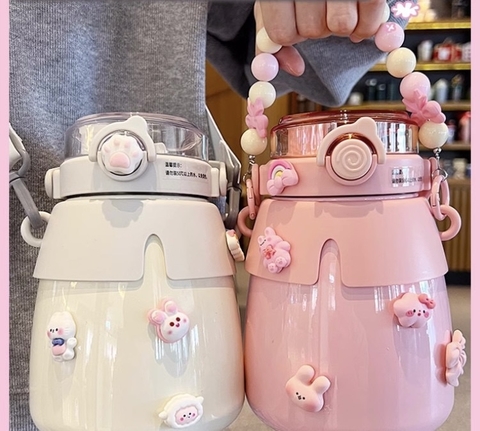 Bình giữ nhiệt đi học 950ml dễ thương 2 lớp inox 304 kèm ống hút không bị toát mồ hôi B-403