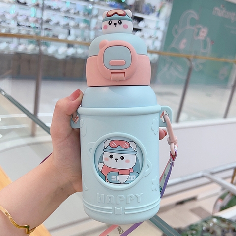 Bình nước giữ nhiệt 520ml có túi đựng, dây đeo chéo, họa tiết cực dễ thương, chất liệu inox 316 an toàn tuyệt đối MLT-72