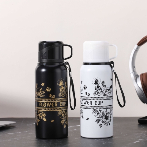 Bình giữ nhiệt inox 316 hoạ tiết hoa dung tích lớn 600- 800ml có bộ lọc trà và cốc uống tiện lợi SP-531