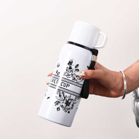 Bình giữ nhiệt inox 316 hoạ tiết hoa dung tích lớn 600- 800ml có bộ lọc trà và cốc uống tiện lợi SP-531