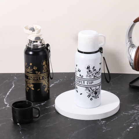 Bình giữ nhiệt inox 316 hoạ tiết hoa dung tích lớn 600- 800ml có bộ lọc trà và cốc uống tiện lợi SP-531