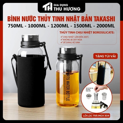 Bình nước thủy tinh Nhật Bản TAKASHI 750,1000,1200,1500,2000ml tiện lợi, có lọc bã trà, tặng kèm túi vải cách