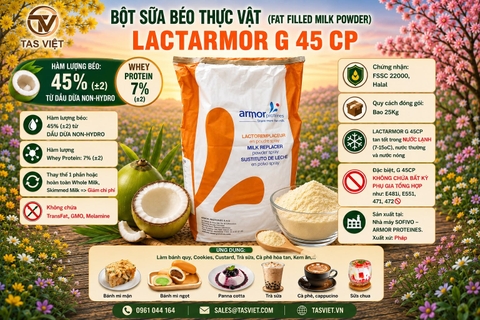 LACTARMOR G 45 CP – Bột sữa béo thực vật 45% từ dầu dừa, giải pháp thay thế sữa bột trong nhiều công thức