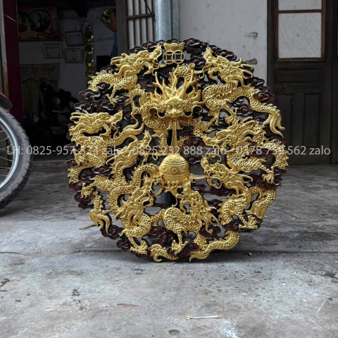 Tranh Cửu Long Tranh Châu Sơn Thiếc Vàng Gỗ Lim