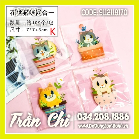 Túi DÁN đựng bánh kẹo Size 7x7cm - Hình Mèo HỒNG trong chậu 4 style - Xấp 95-100c (D7705)