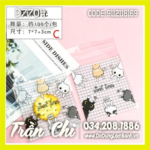 Túi DÁN đựng bánh kẹo Size 7x7cm - Hình 6 Mèo Sweet Times - Xấp 95-100c (D7704)