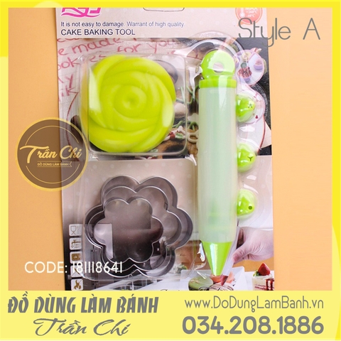 Bộ cookie style A: 03 cutter HOA, 03 cupcake hoa Hồng, 01 bút viết, 03 đầu nhựa