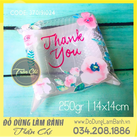 Túi DÁN đựng bánh kẹo Size 14x14cm - Hình vòng Hoa THANK YOU Trắng - Xấp 95-100c (D1401)