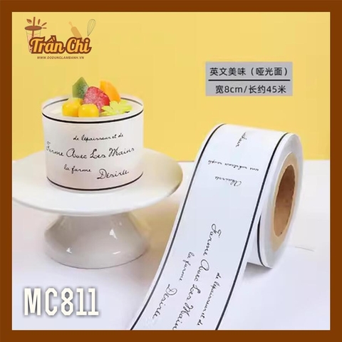 MC811 - Cuộn MICA nilong mẫu TRẮNG DÒNG CHỮ ĐEN quấn thành bánh CỨNG - Cao 8cm x 1kg (11/12)