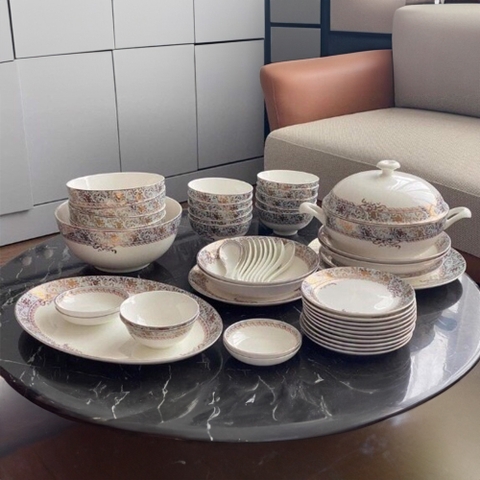 Bộ đồ ăn sứ xương Imperial London Xanh ngọc dây vàng 50 chi tiết