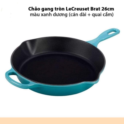Chảo gang tròn LeCreuset Brat- u. Servierpfanne hoch 26cm Karibik Blau màu xanh dương (cán dài + quai cầm)