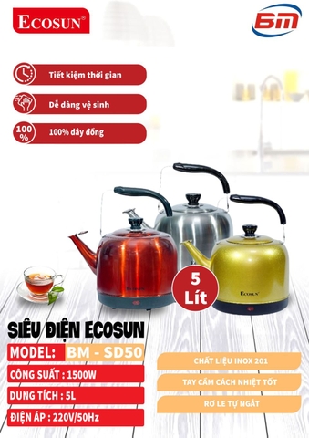 ẤM ĐUN NƯỚC ĐIỆN ECOSUN BM-SD50, DUNG TÍCH 5 LÍT