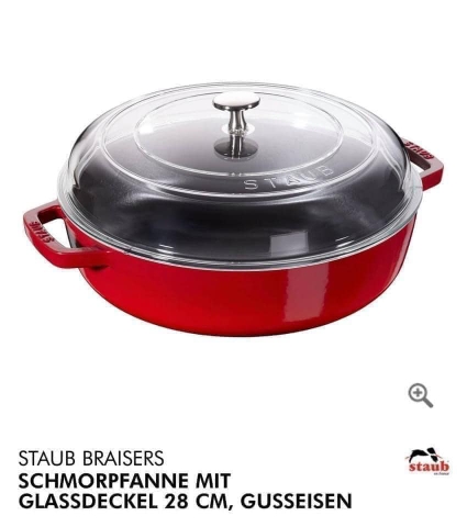 CHẢO GANG STAUB 24CM CÓ NẮP KÍNH MẦU ĐỎ