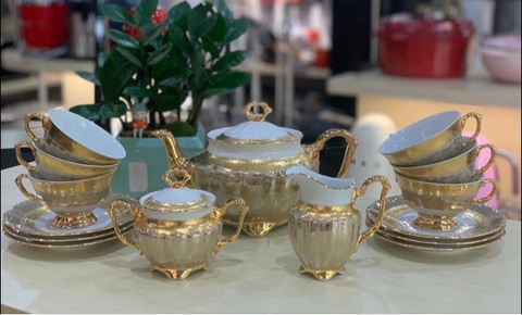 BỘ TRÀ SỨ MẠ VÀNG MEN NGỌC TRAI TIỆP KHẮC NỔI TIẾNG (HÀNG CAO CẤP)