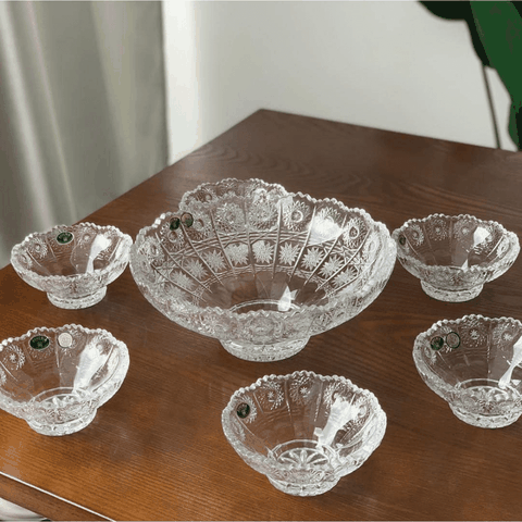 Set 7 bát pha lê mài Bohemia gồm 1 mâm bồng lớn 25cm và 6 bát nhí 13cm