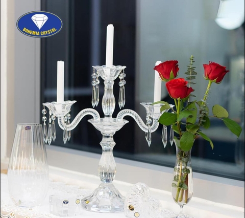 Chân nến pha lê 3 tay Bohemia Crystal cao 42cm