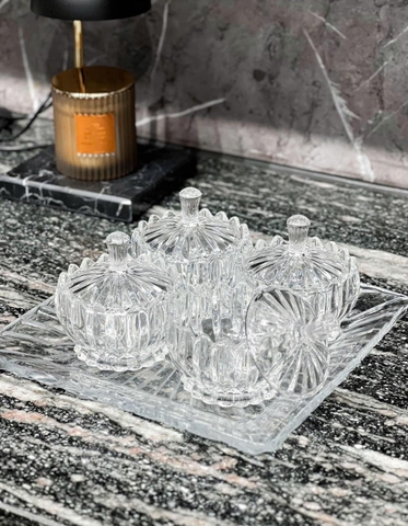 Set 4 thố hoàng gia kèm khay pha lê vuông Vessen (gồm 4 thố + 1 khay)