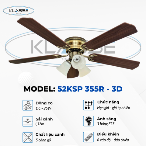Quạt trần cánh gỗ chùm đèn Klasse 52KSP 355R – 3D
