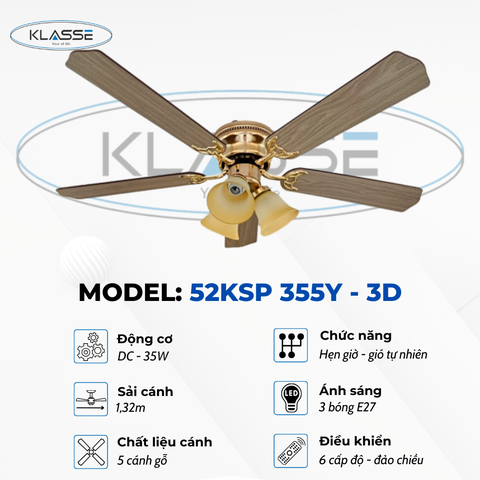 Quạt trần cánh gỗ chùm đèn Klasse 52KSP 355Y – 3D